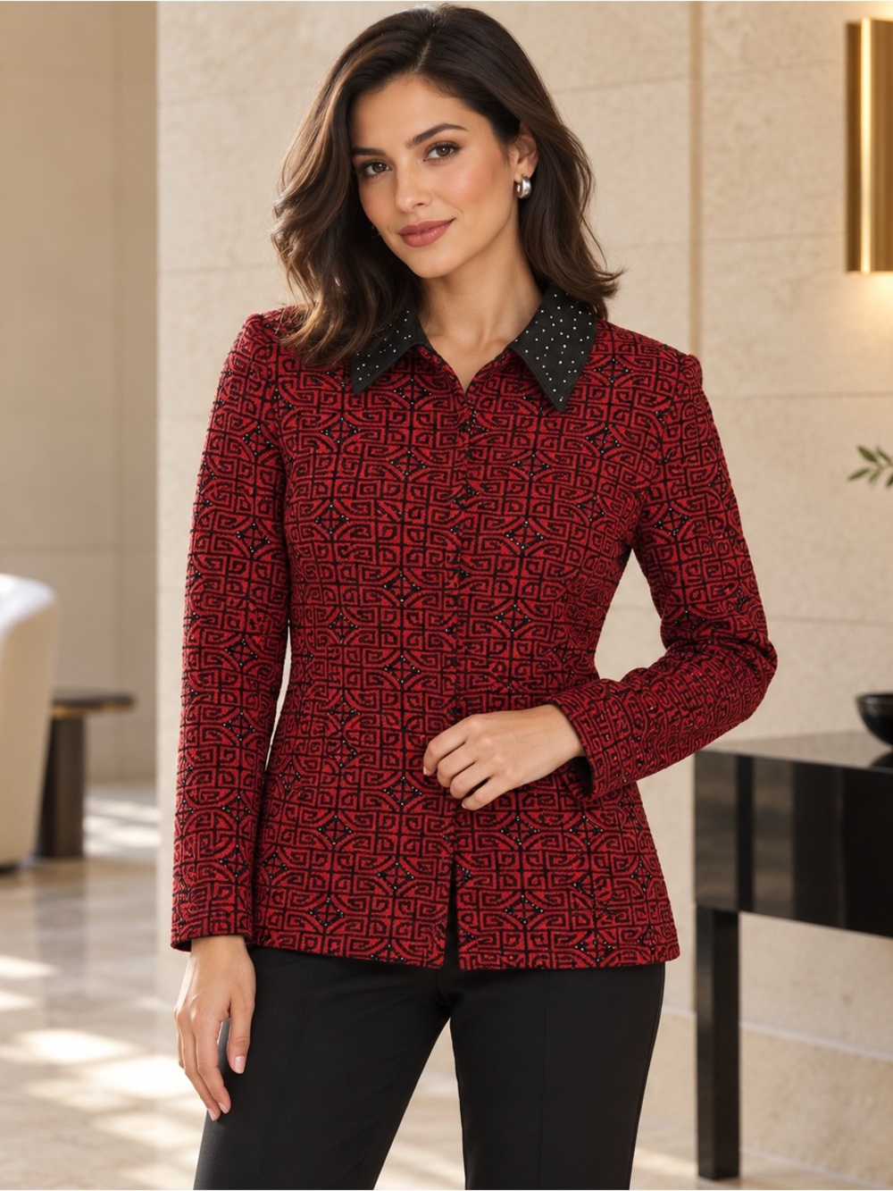 St. John Evening Red Black Geometric Knit Jacket Studded Collar Size 12